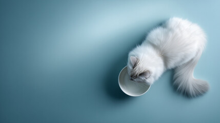 真上から見た白い長毛猫の水飲みシーンと余白 | 俯瞰構図