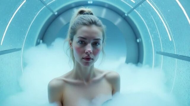 Futuristic Cryogenic Chamber with Female Subject Inside