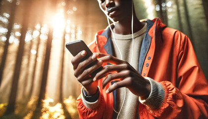 Close-Up of Hands Holding Smartphone in Sunlit Forest