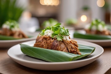 Kalua pork served in banana leaves for a traditional Hawaiian feast