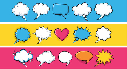 Naklejka premium Collection of diverse comic book style speech bubbles and thought bubbles on colorful backgrounds