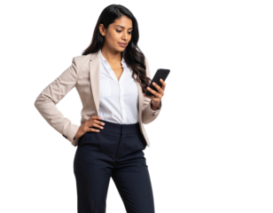 Business Woman Using Smartphone – Casual Tech Interaction Pose, Transparent Background