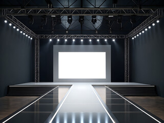 Empty Fashion Runway Stage with Bright Lights and Blank Screen for Presentation or Event