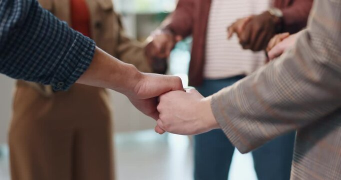 Business, people and holding hands with prayer in office for spiritual guidance, faith and belief. Christian workplace, group and employees in circle for religious worship, morning routine and praise