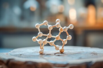 Molecular model representing complex scientific structure and organic chemistry concepts symbol of innovation education and research on rustic wooden background