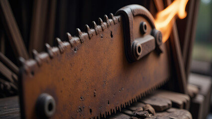 Rusty Old Chainsaw: Vintage Logging Tool with Flames