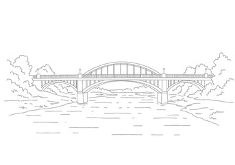 Bridge scenery drawing. It is a black and white outline image of an arched bridge spanning a river, surrounded by trees and foliage, depicting a tranquil landscape. Vector sketch line art draw.