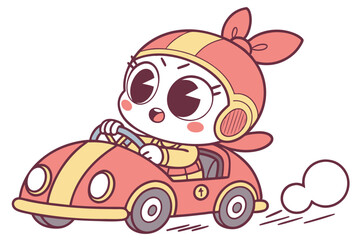 Vector cute Baby Girl cartoon character riding a small toy car with a determined look isolated on white background