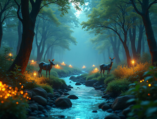Futuristic Forest with Bioluminescent Trees and Integrated Technology