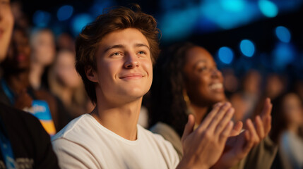 Obraz premium Audience member applauding a performance under blue lighting