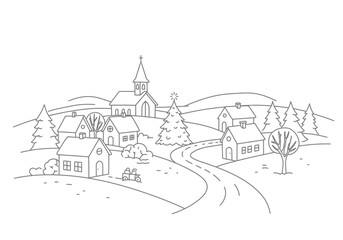 Christmas scenery drawing. It is a black and white outline image of a festive Christmas village with houses, a church, and a decorated tree, evoking holiday spirit. Vector sketch line art draw.