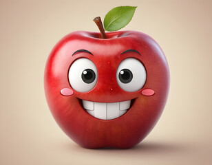 apple cartoon character, Cheerful cartoon apple character with a cute smile  isloated on colorful background, red apple with a smile