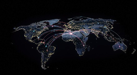 Global Digital Connectivity Map Showing Worldwide Data Connections and Light Trails at Night