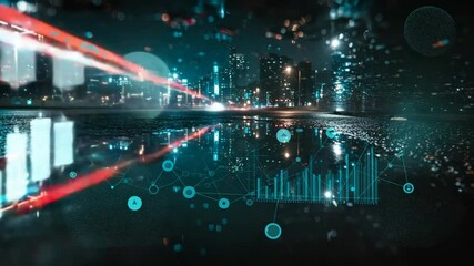 Urban night scene with digital data overlay and reflections - Powered by Adobe