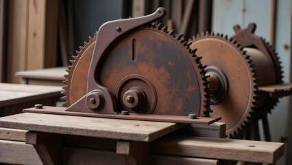 Antique Rusty Cogwheels on Wooden Base, Vintage Industrial Mechanism, Gear Wheels Detail, Rusty Metal Texture, Close-up