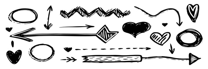 Hand-drawn doodle elements: arrows, hearts, circles