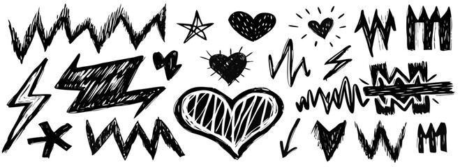 Hand-drawn doodles: hearts, lightning bolts, stars, & more