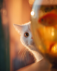 Curious cute white cat looking into a goldfish aquarium, cozy room background