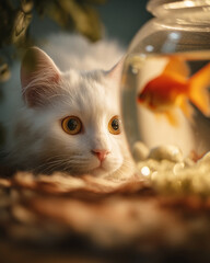 cat and fish, a curious white cat peeking into a goldfish aquarium