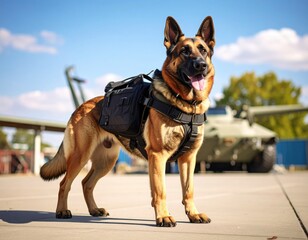 German Shepherd with military gear