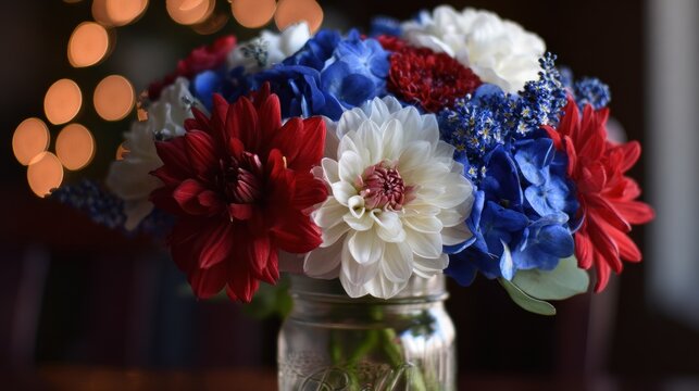 Patriotic flower bouquet in a mason jar - Powered by Adobe