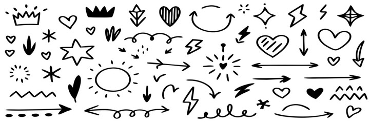 Hand-drawn Doodle Design Elements: Arrows, Hearts, Crowns, Stars