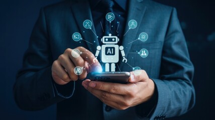 Businessman using smartphone with futuristic robot and technology icons interface overlay