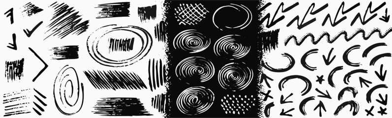 Hand-drawn Black Ink Brush Strokes, Arrows, & Shapes Graphic Design Elements