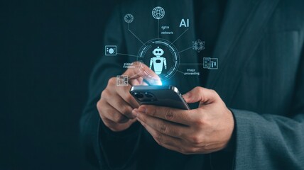 Businessman using smartphone with futuristic robot and technology icons interface overlay