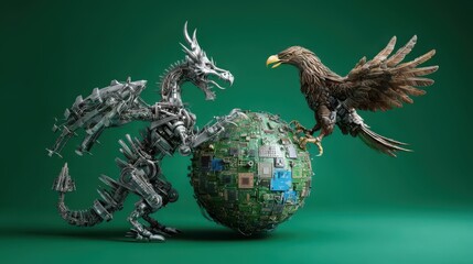 A mechanical dragon and a robotic eagle face off over a globe made of circuit boards against a green background.