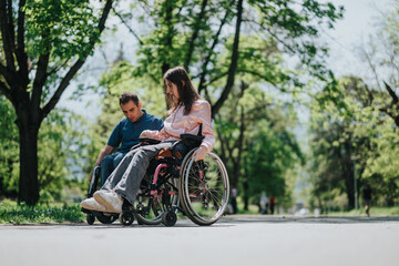Naklejka premium Two individuals in wheelchairs explore a beautiful park during daytime, engaging in conversation and enjoying nature together.