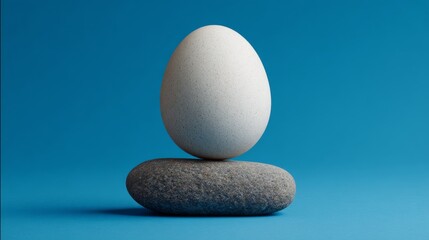 An egg with a stone placed on it over a blue background, expressing minimal artistic creativity. 