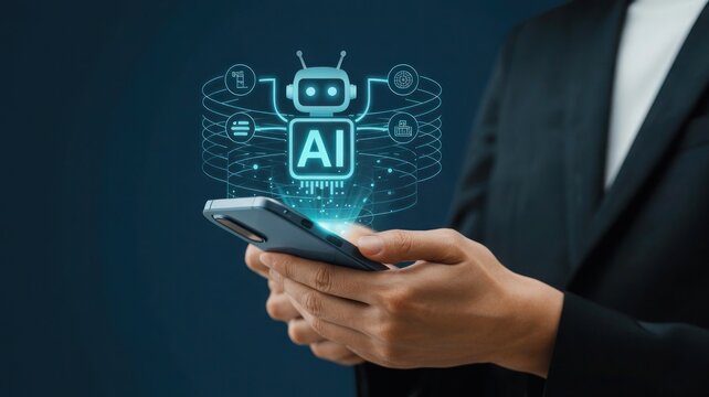 Businessman using smartphone with futuristic robot and technology icons interface overlay