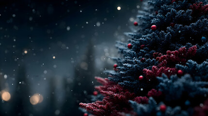 Abstract winter-themed tree adorned with blue and red decorations under a glowing star