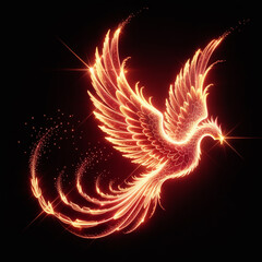 A fiery phoenix rises from the darkness, its wings ablaze with orange and red light