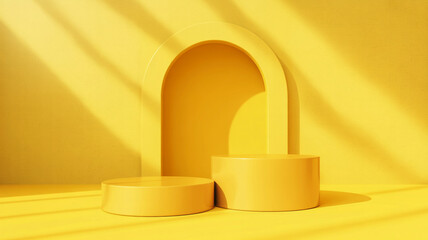 Minimalist yellow stage with arched backdrop and circular podiums casting shadows