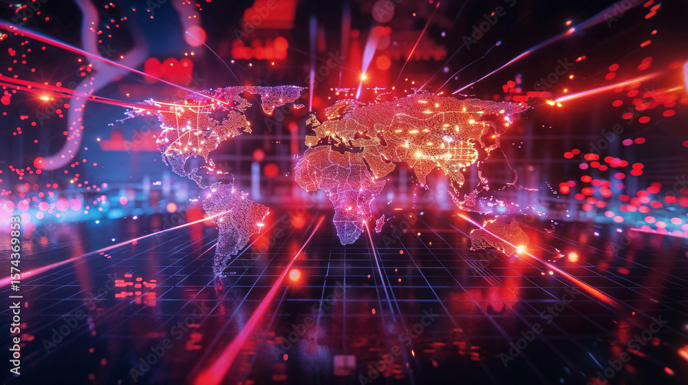 Fototapete abstract digital explosion with vibrant laser beams and particle effects creating dynamic energy bur