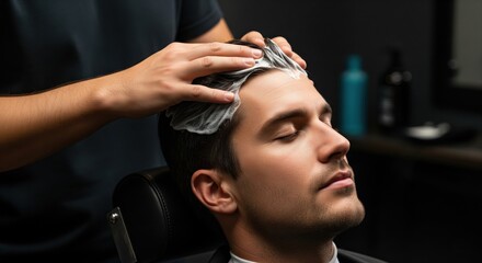 Naklejka premium Man getting shampoo scalp massage at barber shop with eyes closed