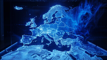 Blue illuminated European continent map with glowing borders and dramatic lighting effects creating strategic geopolitical visualization