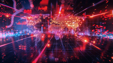 Fototapeta premium Abstract digital explosion with vibrant laser beams and particle effects creating dynamic energy burst in cyberpunk-inspired virtual environment
