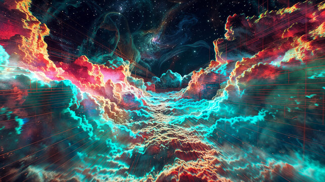 Abstract iridiscent cosmic nebula with swirling turquoise and coral energy formations creating ethereal space artwork in vibrant colors of clouds for a wallpaper background