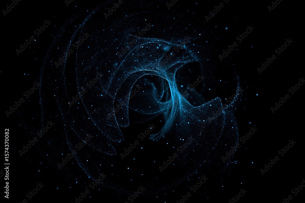 Poster abstract swirling vortex of glowing blue particles against a deep black background creating a cosmic