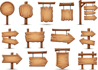 Collection of rustic wooden signs and directional pointers in various shapes and styles for creative design projects