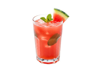 Watermelon drink a tall glass filled with a pink beverage ice mint leaves and a watermelon slice garnish against a black background