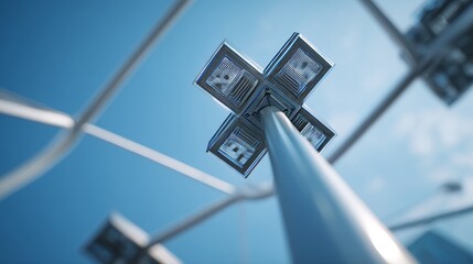 Close-up shot from below of a modern street lamp with a sleek urban design. 