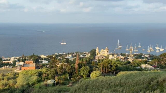 View of Stromboli village and Tyrrhenian sea from Stromboli volcano