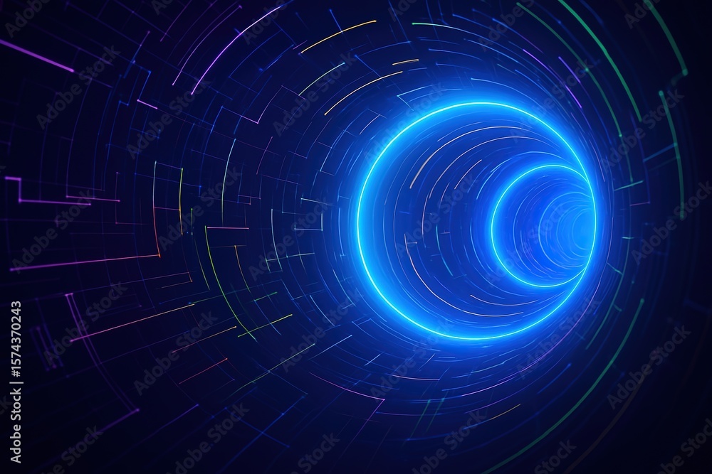 Poster abstract digital tunnel with glowing neon blue light and colorful data streams on a dark background