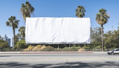 Blank billboard wrapped in white fabric with palm trees lining a sunny urban street