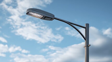 Close-up shot from below of a modern street lamp with a sleek urban design. 