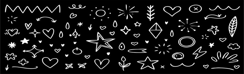 Hand-drawn doodle elements: hearts, stars, & more